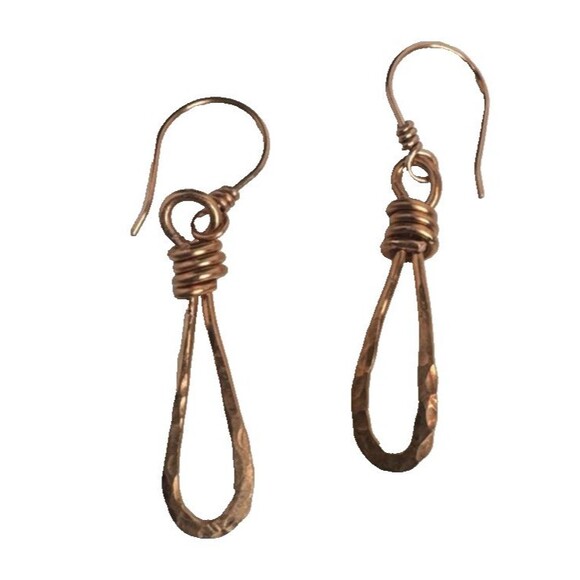 Copper Earrings Open Teardrop Hammered With French Hooks Handmade Minimalist - Picture 3 of 6